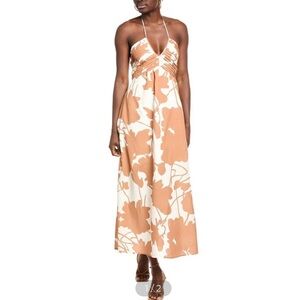 CROSBY by Mollie Burch Tan and White Floral Halter Maxi Dress, Size XS